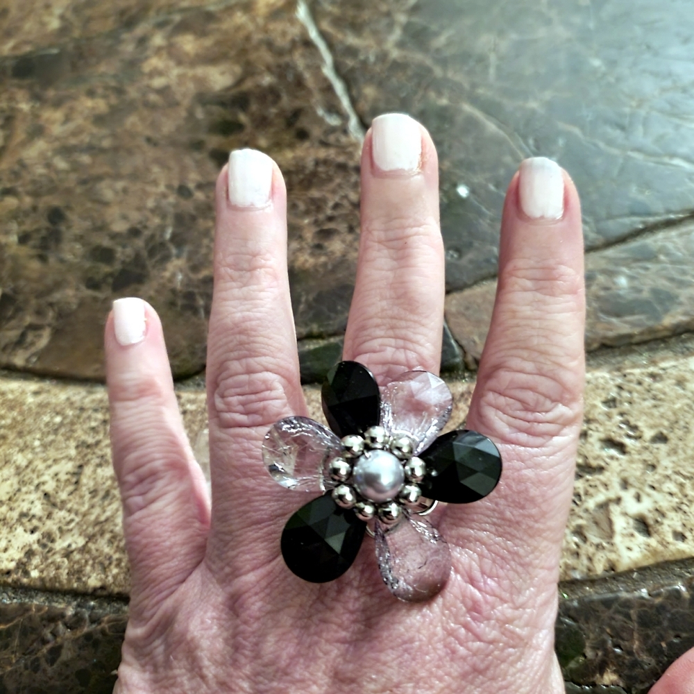 Black Clear Silver Adjustable Fashion Ring